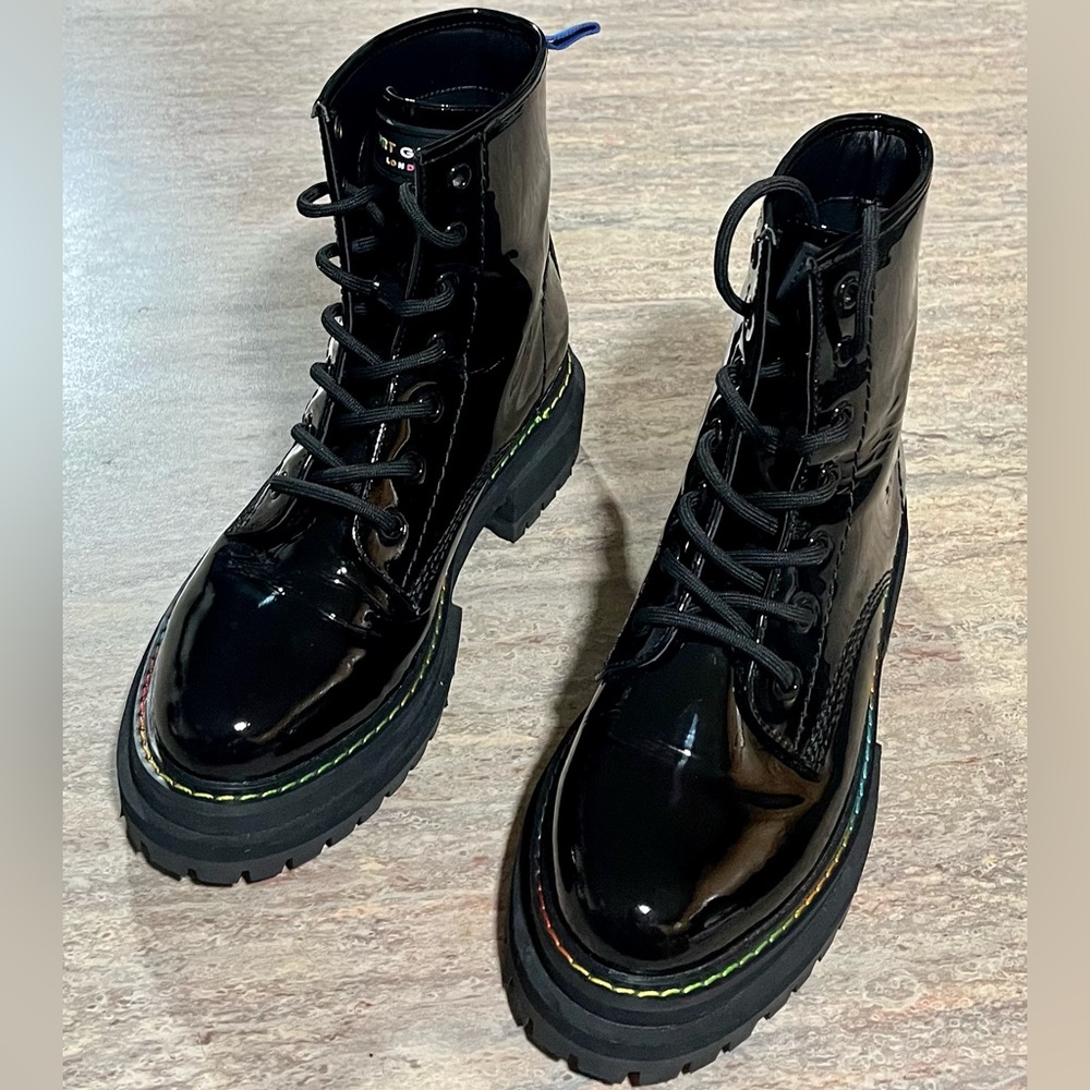 Kurt Geiger London Birdie black glossy combat boots with rainbow 🌈 stitching - Picture 5 of 16
